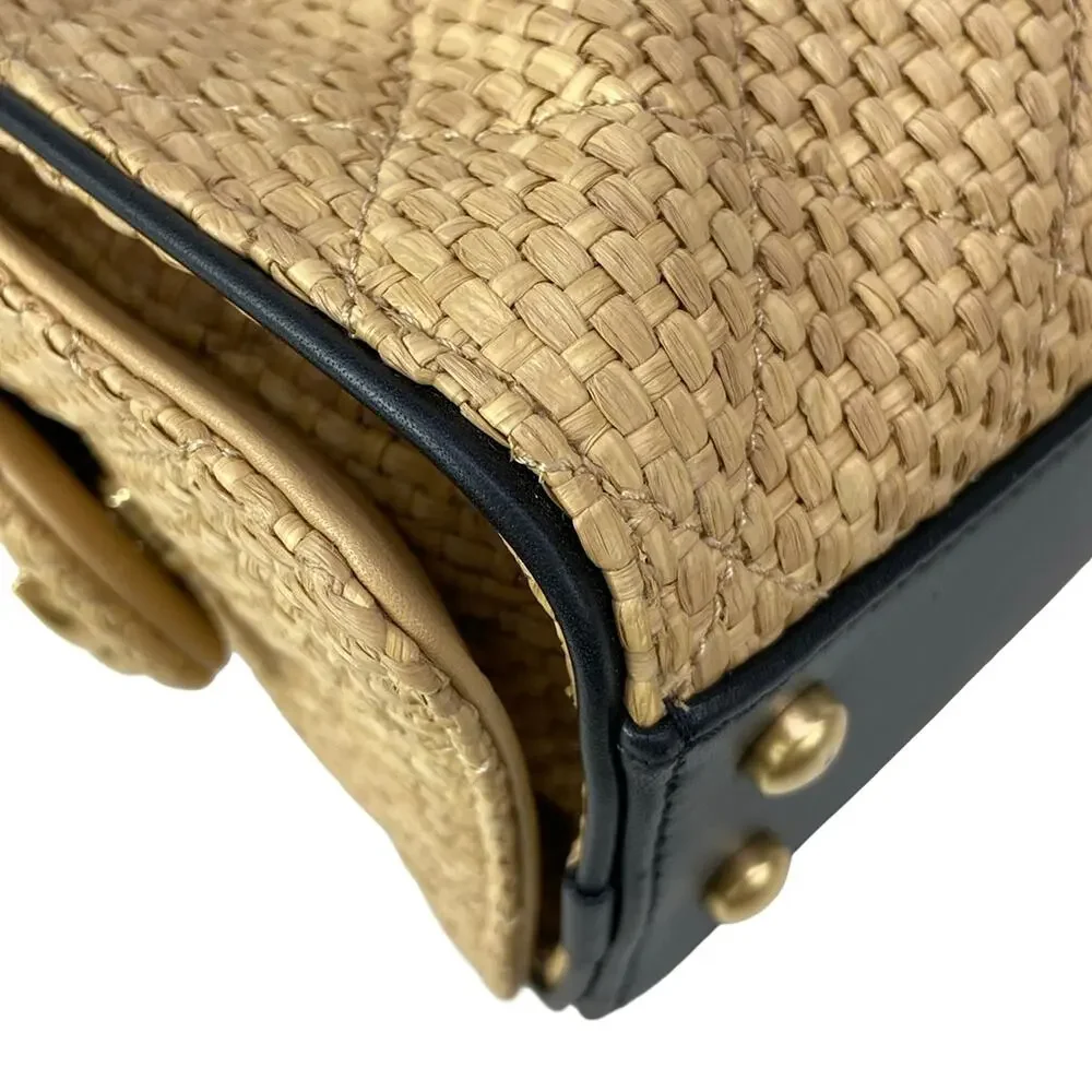 Chanel 25 Shoulder Bag Beige Black Raffia Leather